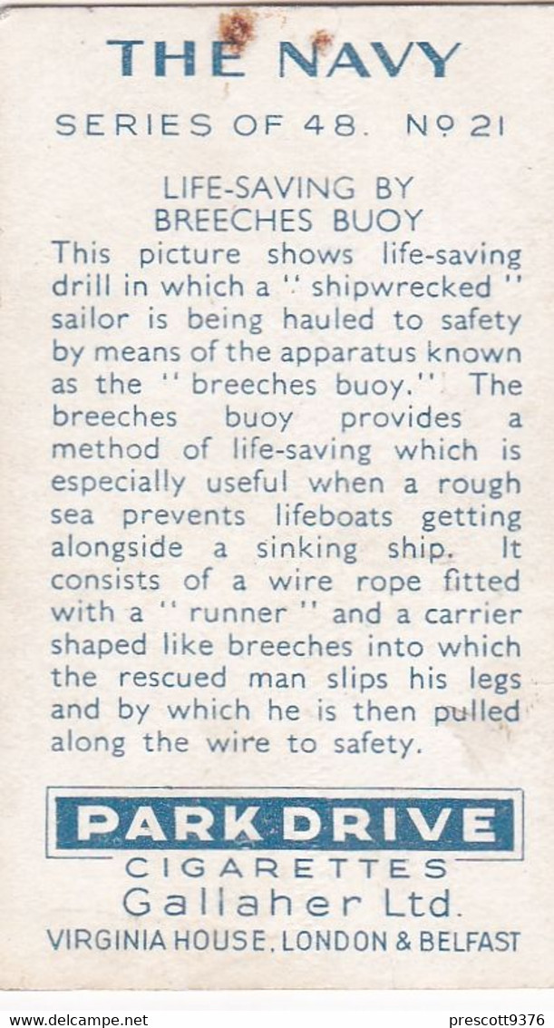 The Navy 1937 - 21 Breeches Buoy - Gallaher Cigarette Card - Original - Military - Gallaher