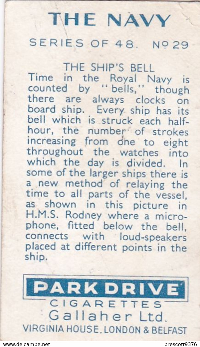 The Navy 1937 - 29 Ships Bell, HMS Rodney  - Gallaher Cigarette Card - Original - Military - Gallaher