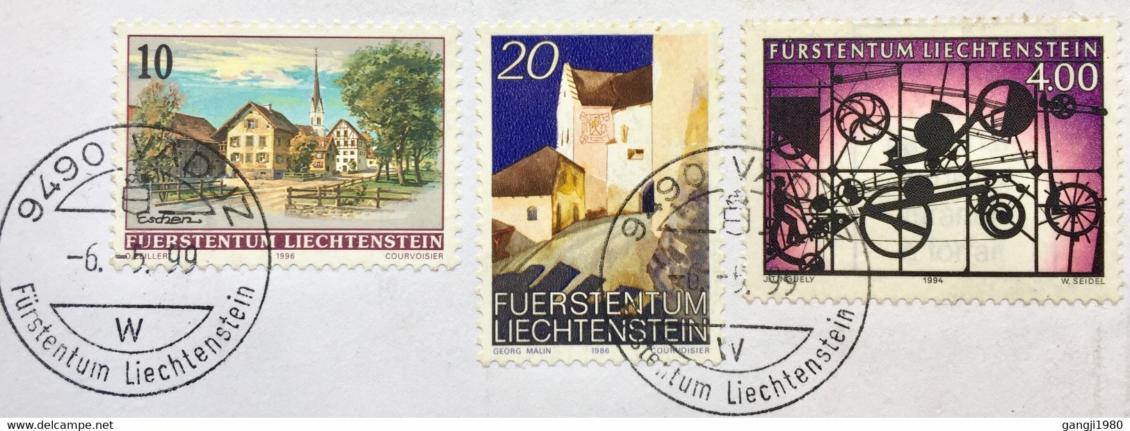 LIECHTENSTEIN 1999, AIRMAIL COVER TO INDIA, VIGNETTE LABEL USED,3 STAMPS,MOBILE, GEORG MALIN,ESCHEN,BUILDING,CHURCH,VIEW - Lettres & Documents