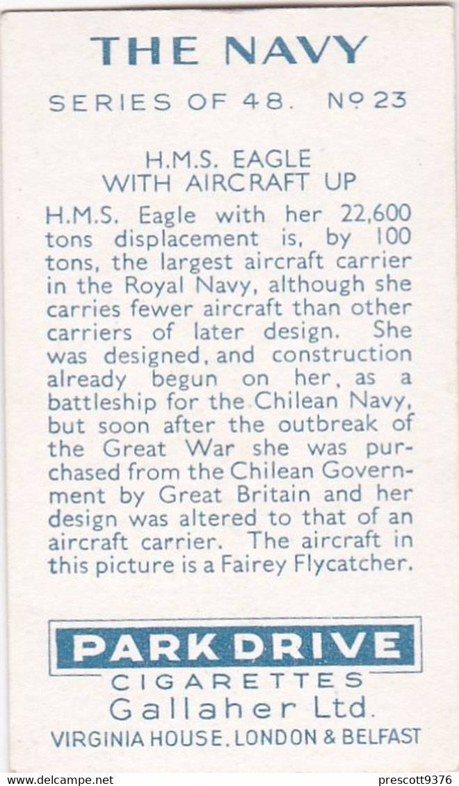 The Navy 1937 - 23 Aircraft Carrier, HMS Eagle  - Gallaher Cigarette Card - Original - Military - Gallaher