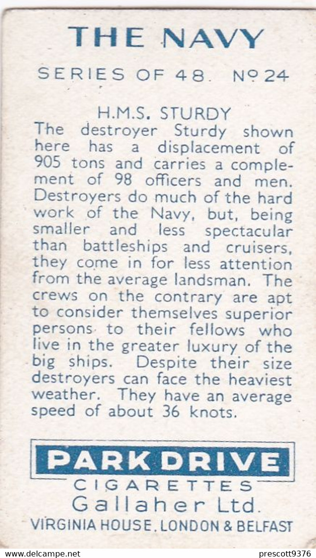 The Navy 1937 - 24 Destroyer, HMS Sturdy  - Gallaher Cigarette Card - Original - Military - Gallaher