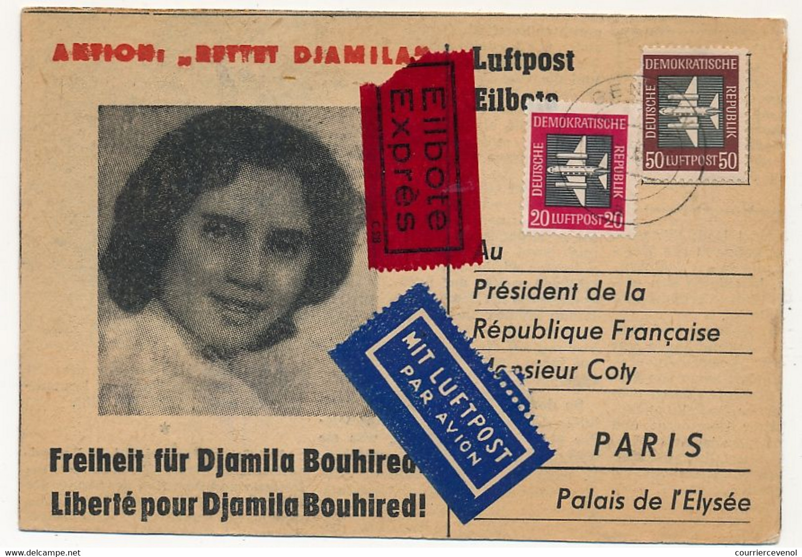 Guerre D'Algérie - Carte Pétition Pour La Libération De Djamila Bouhired - 1958 - DDR => Président Coty - Covers & Documents