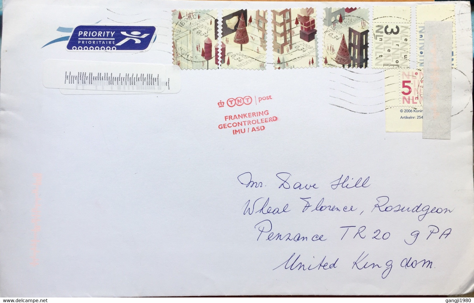 NEDERLAND 2008, AIRMAIL SELF ADHESIVE 7 STAMPS USED COVER, HERTOGENBOSCH CITY,WAVY CANCELED TO U.K .RED METER TNT POST F - Brieven En Documenten