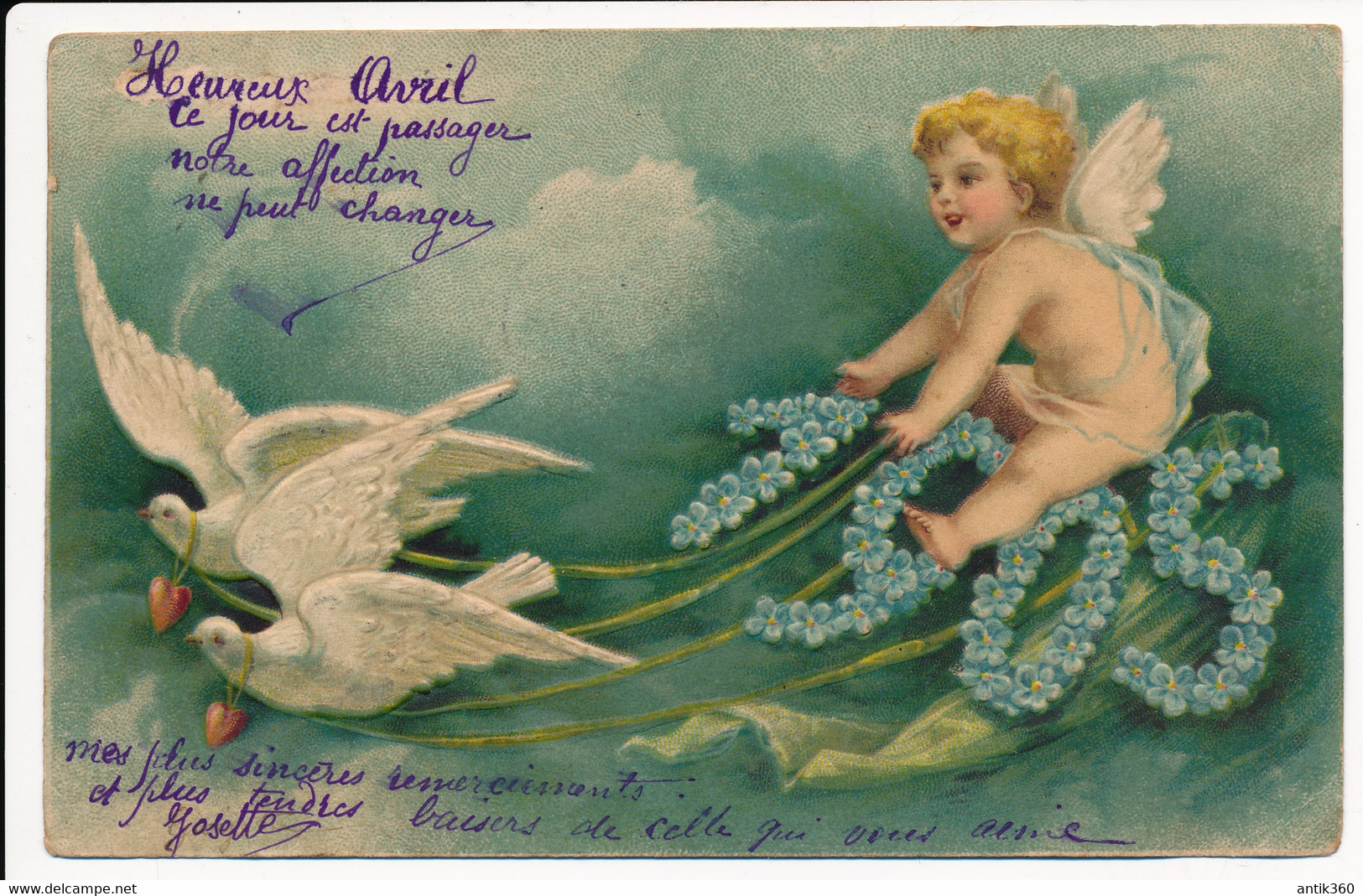 CPA Bonne Année 1905 Gaufrée Cupidon Amour Colombes Attelées - 1 April (aprilvis)