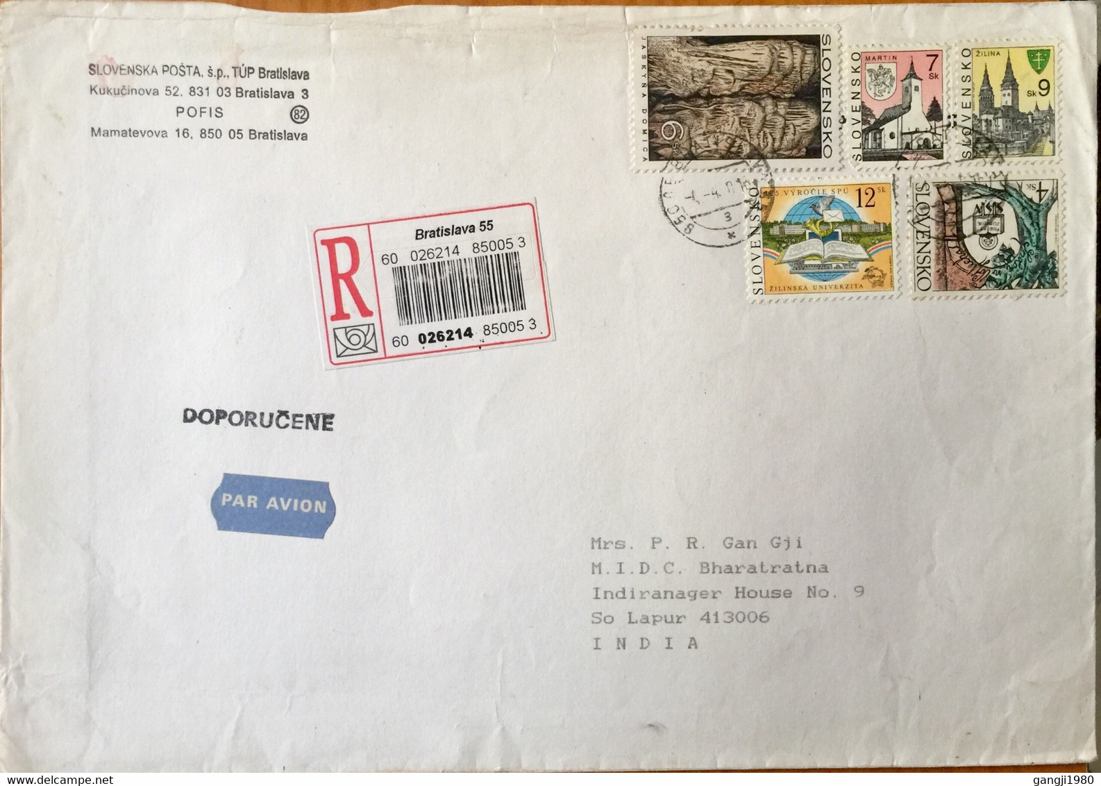 SLOVAKIA 2000, REGISTERED AIRMAIL COVER TO INDIA,5 STAMPS ,MARTIN ZILINA ,ZILINSKA UNIVERSITY JASKYNA DOMICA ,TREE - Covers & Documents