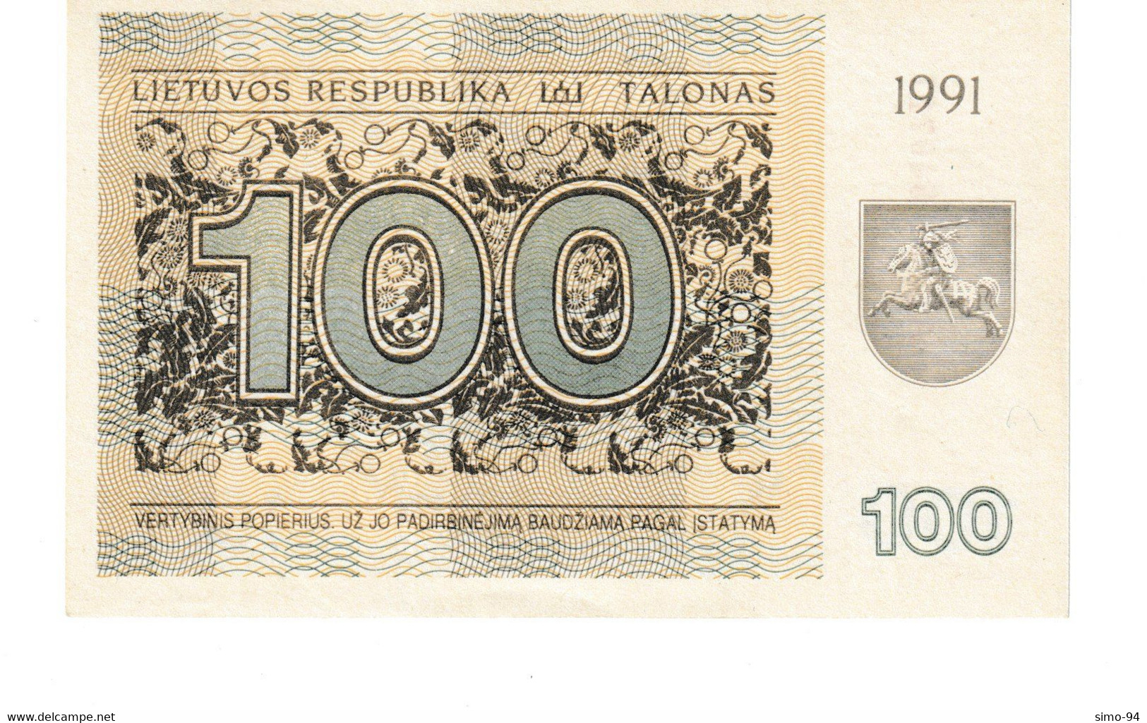 Lithuania P.38b 100 Talonas 1991  Unc - Lituanie