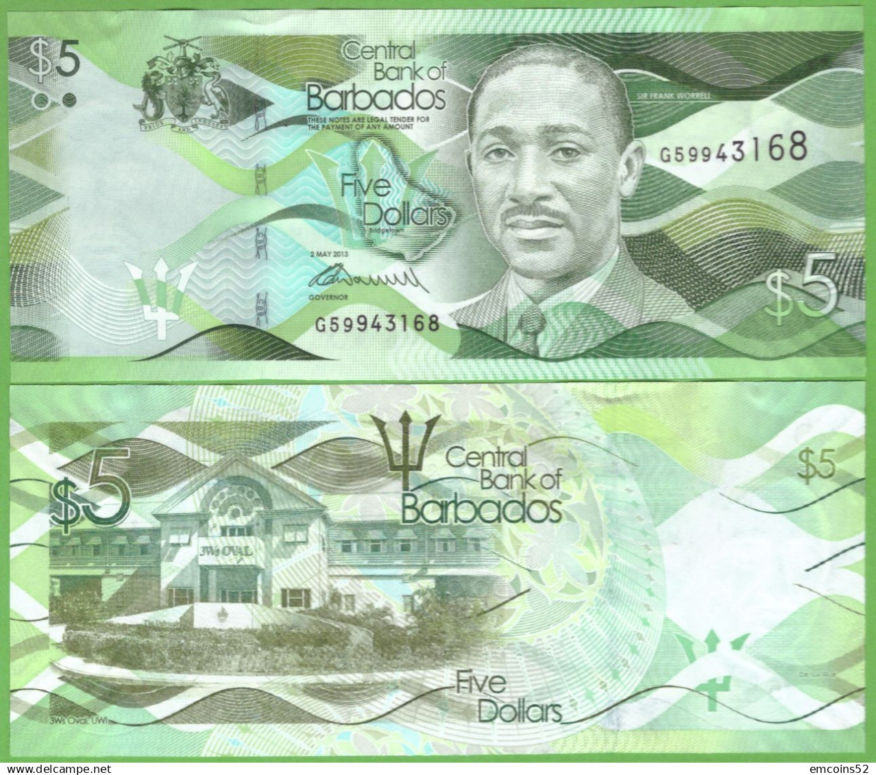 BARBADOS 5 DOLLARS 2013  P-74a  UNC - Barbados