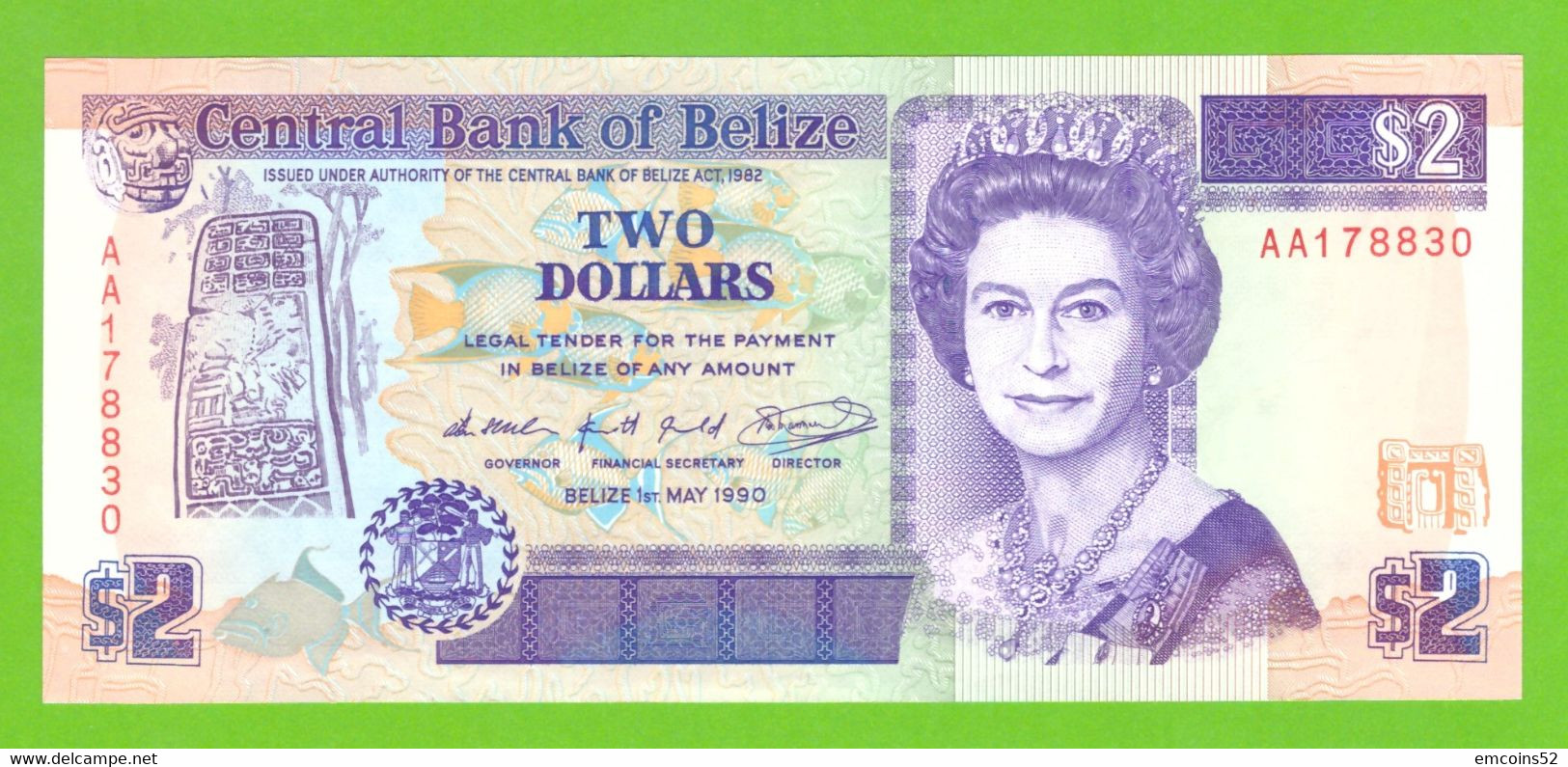 BELIZE 2 DOLLARS 1990  P-52a  UNC - Belice