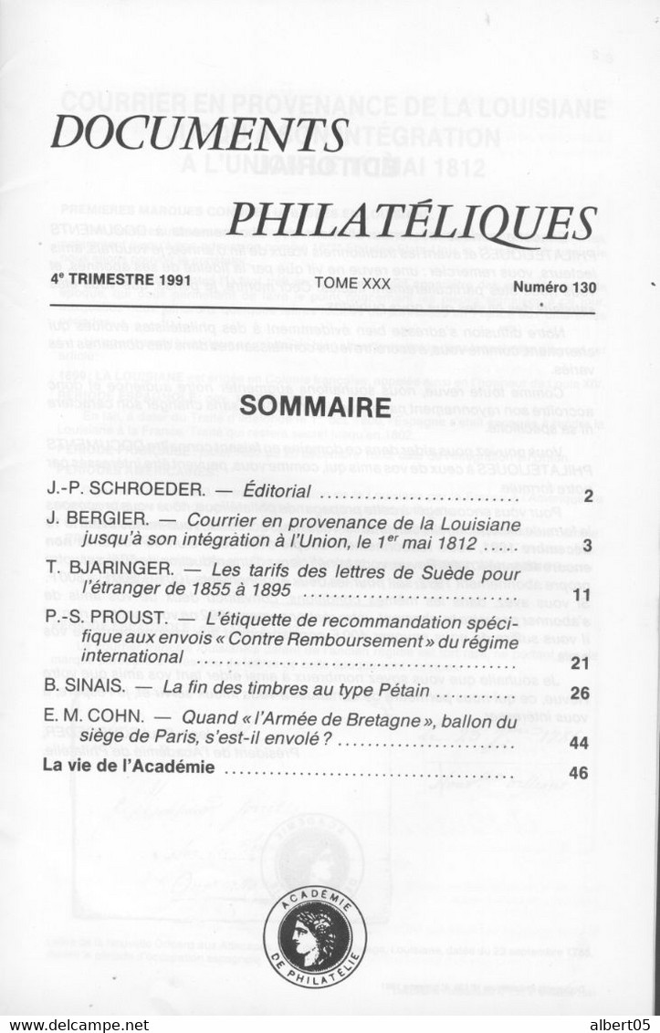 Revue De L'Académie De Philatélie - Documents Philatéliques N° 130-  4 ème Trimestre 1991 - Avec Sommaire - Philately And Postal History