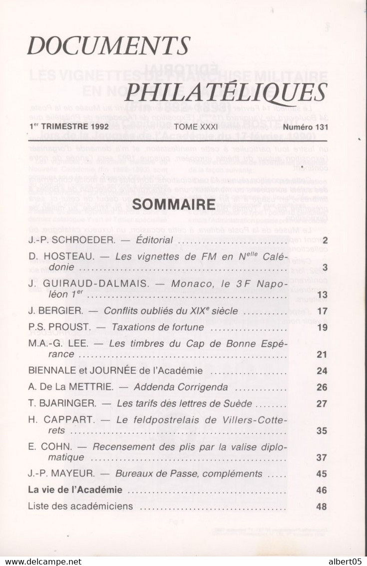 Revue De L'Académie De Philatélie - Documents Philatéliques N° 131-  1 Er  Trimestre 1992 - Avec Sommaire - Philately And Postal History