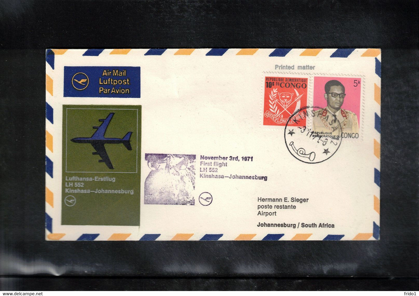 Republic Congo Kinshasa 1971 Lufthansa First Flight Kinshasa - Johannesburg - FDC