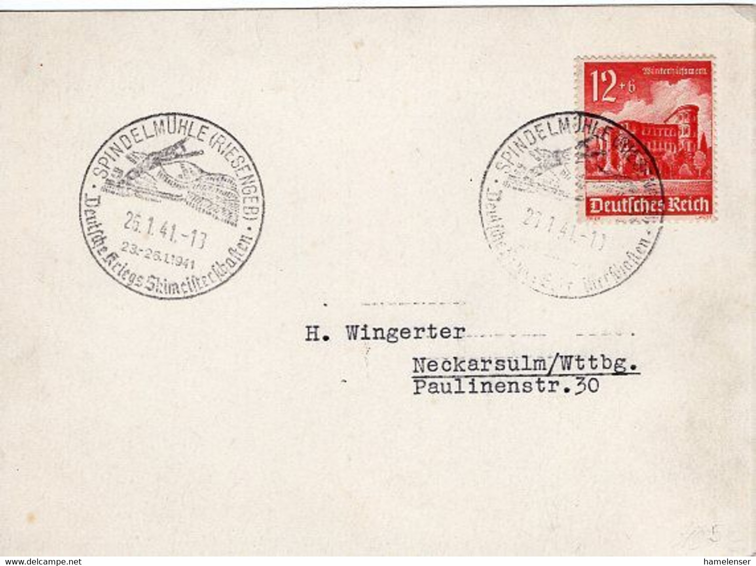 51208 - Deutsches Reich - 1941 - 12Pfg. WHW '40 EF A Kte SPINDELMUEHLE - DEUTSCHE KRIEGSSKIMEISTERSCHAFTEN -> Neckarsulm - Skiing