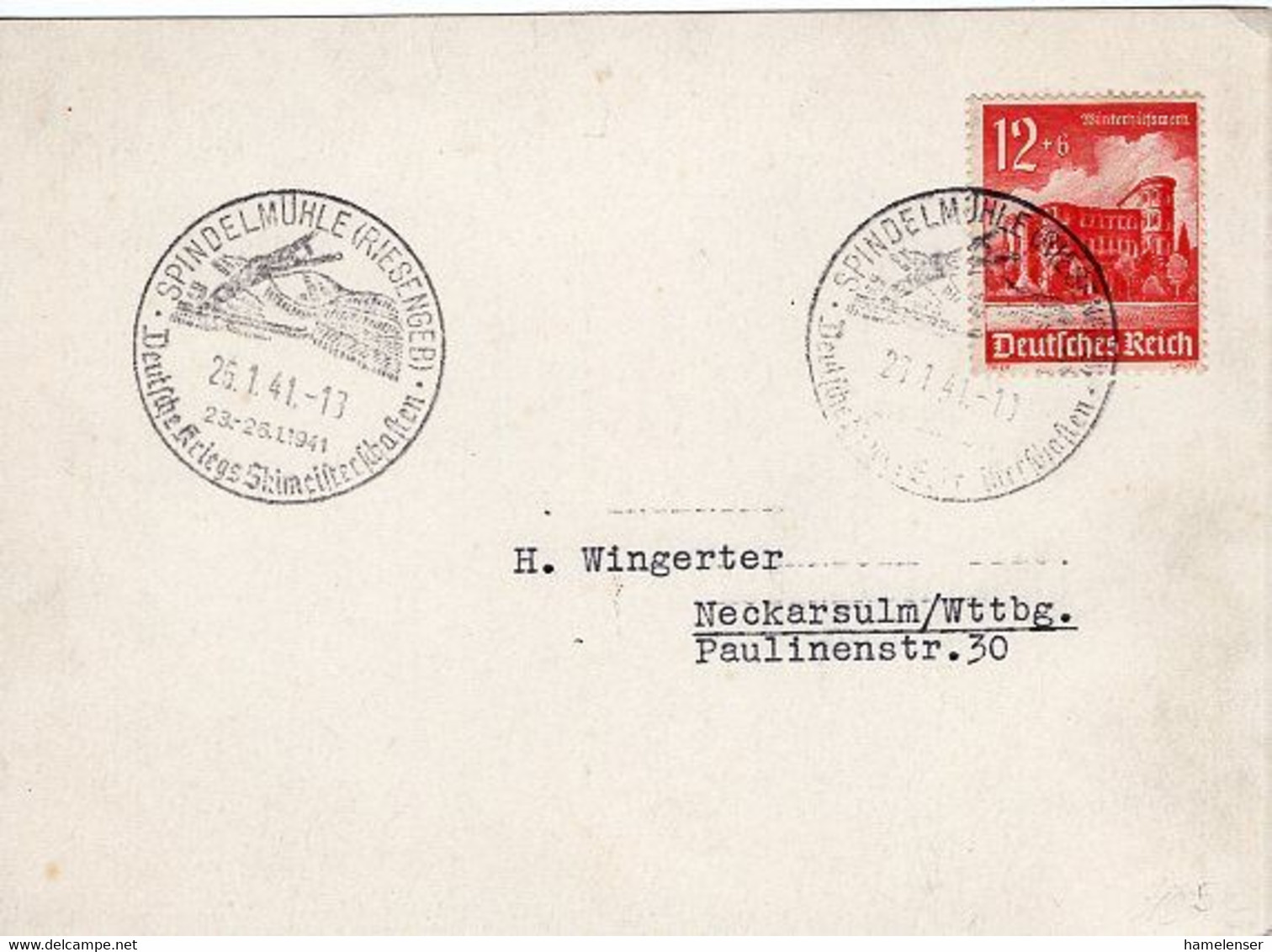 51208 - Deutsches Reich - 1941 - 12Pfg. WHW '40 EF A Kte SPINDELMUEHLE - DEUTSCHE KRIEGSSKIMEISTERSCHAFTEN -> Neckarsulm - Ski