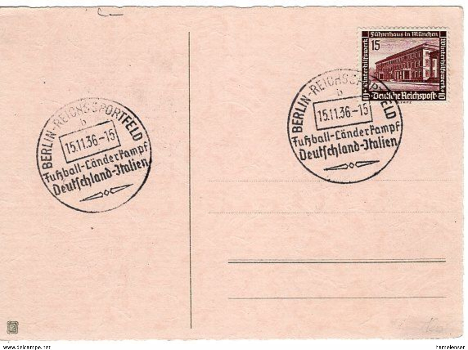 51209 - Deutsches Reich - 1936 - 15Pfg. WHW '36 EF A Kte SoStpl BERLIN - FUSSBALL-LAENDERKAMPF DEUTSCHLAND-ITALIEN - Sonstige & Ohne Zuordnung