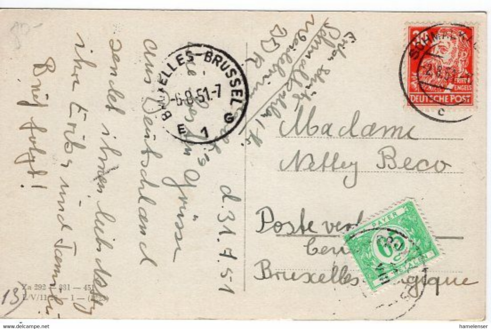 51213 - DDR - 1951 - 30Pfg. Engels EF A AnsKte SCHMALKALDEN -> BRUXELLES (Belgien), M. 65c. Porto Als Postlagergebuehr - Covers & Documents