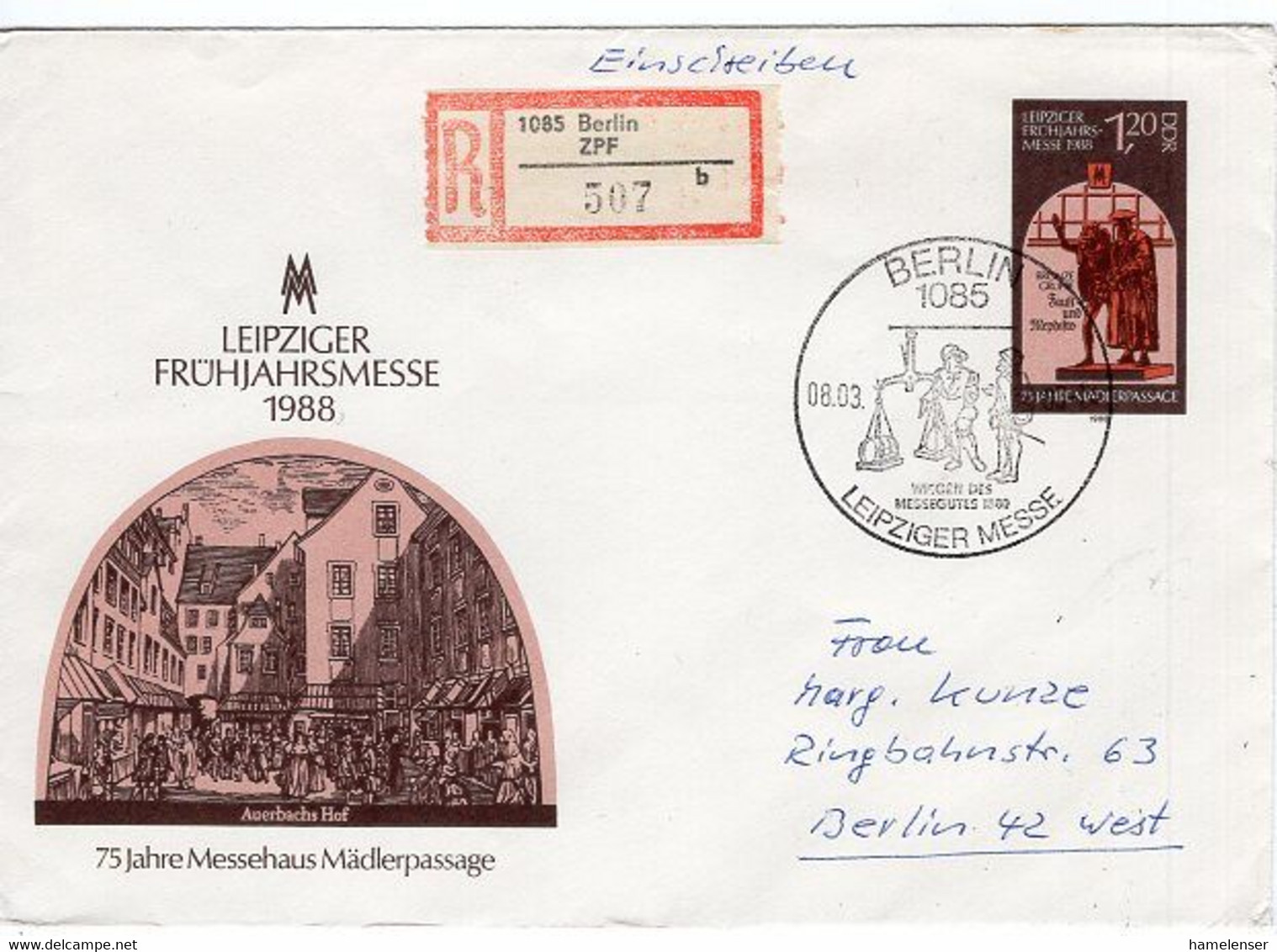 51220 - DDR - 1988 - 1,20M SoGAUmschl. "Leipziger Messe" Als R-Bf BERLIN - LEIPZIGER MESSE -> Westberlin - Covers & Documents