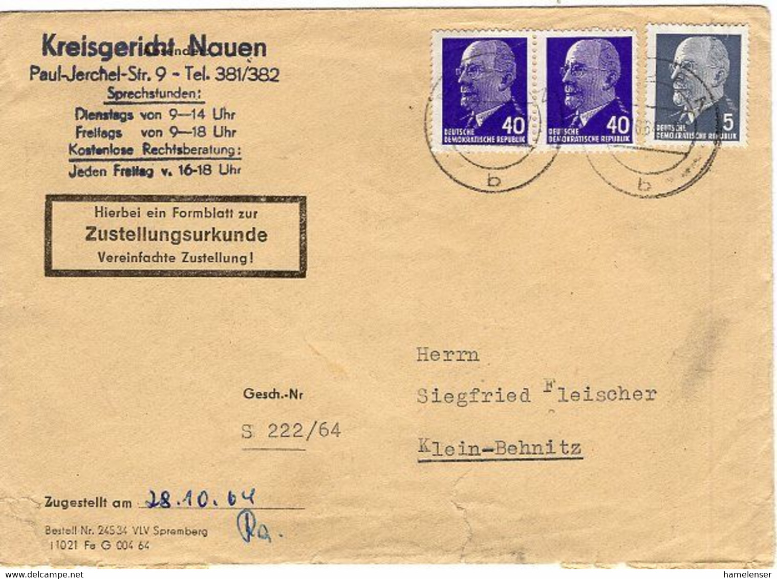 51232 - DDR - 1964 - 2@40Pfg Ulbricht MiF A ZU-Bf V Kreisgericht Nauen NAUEN -> Klein-Behnitz - Briefe U. Dokumente