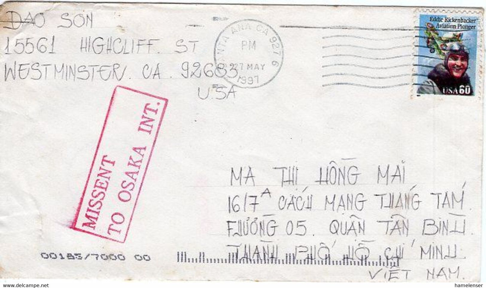 51303 - USA - 1997 - 60￠E.Rickenbacker EF A Bf SANTA ANA, CA 927 -> BINH THANH (Vietnam), M. Stpl. MISSENT TO OSAKA INT. - Cartas & Documentos