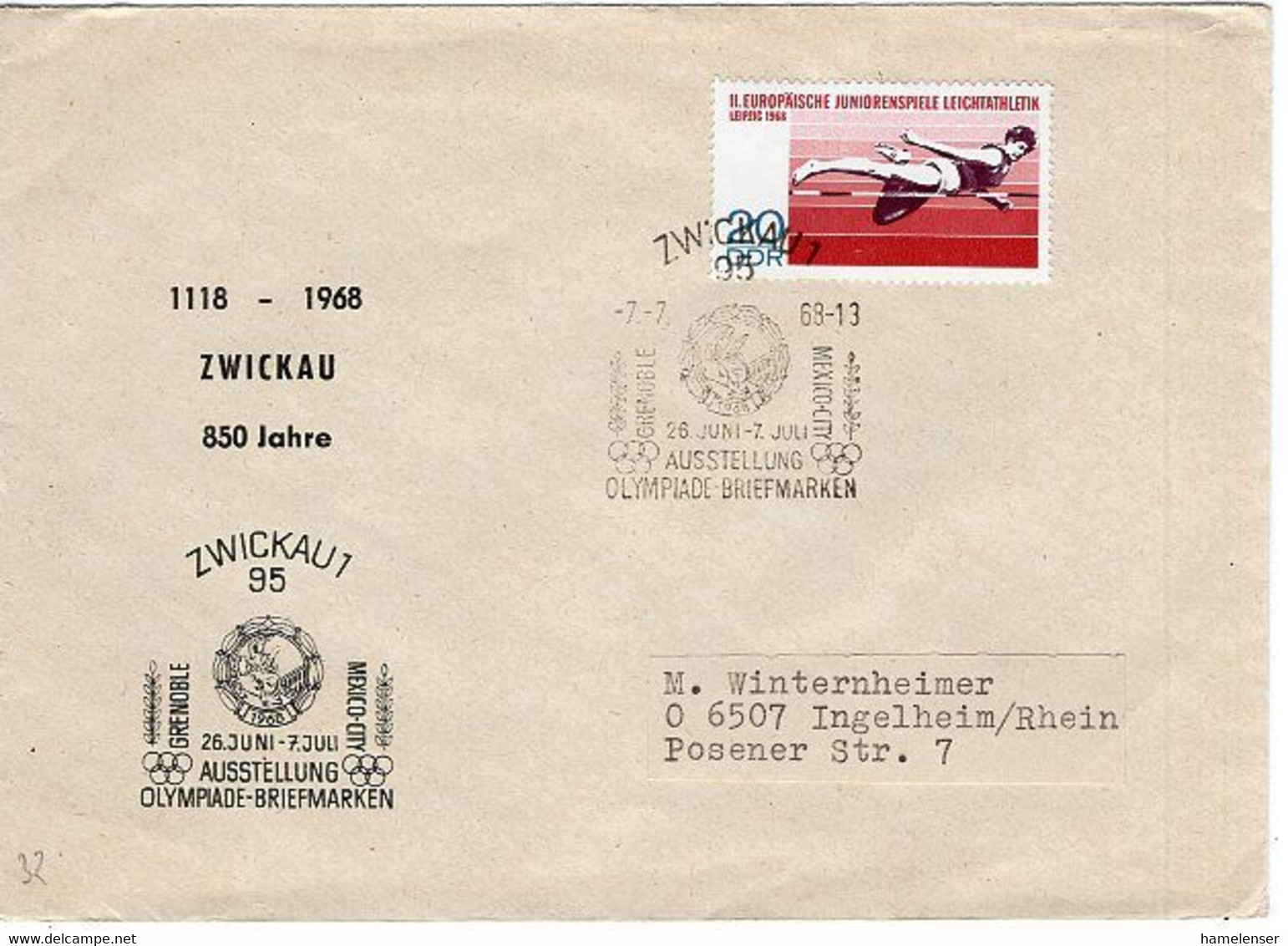 51314 - DDR - 1968 - 20Pfg. Leichtathltik EF A Bf ZWICKAU - AUSSTELLUNG OLYMPIADE-BRIEFMARKEN -> Westdeutschland - Ete 1968: Mexico