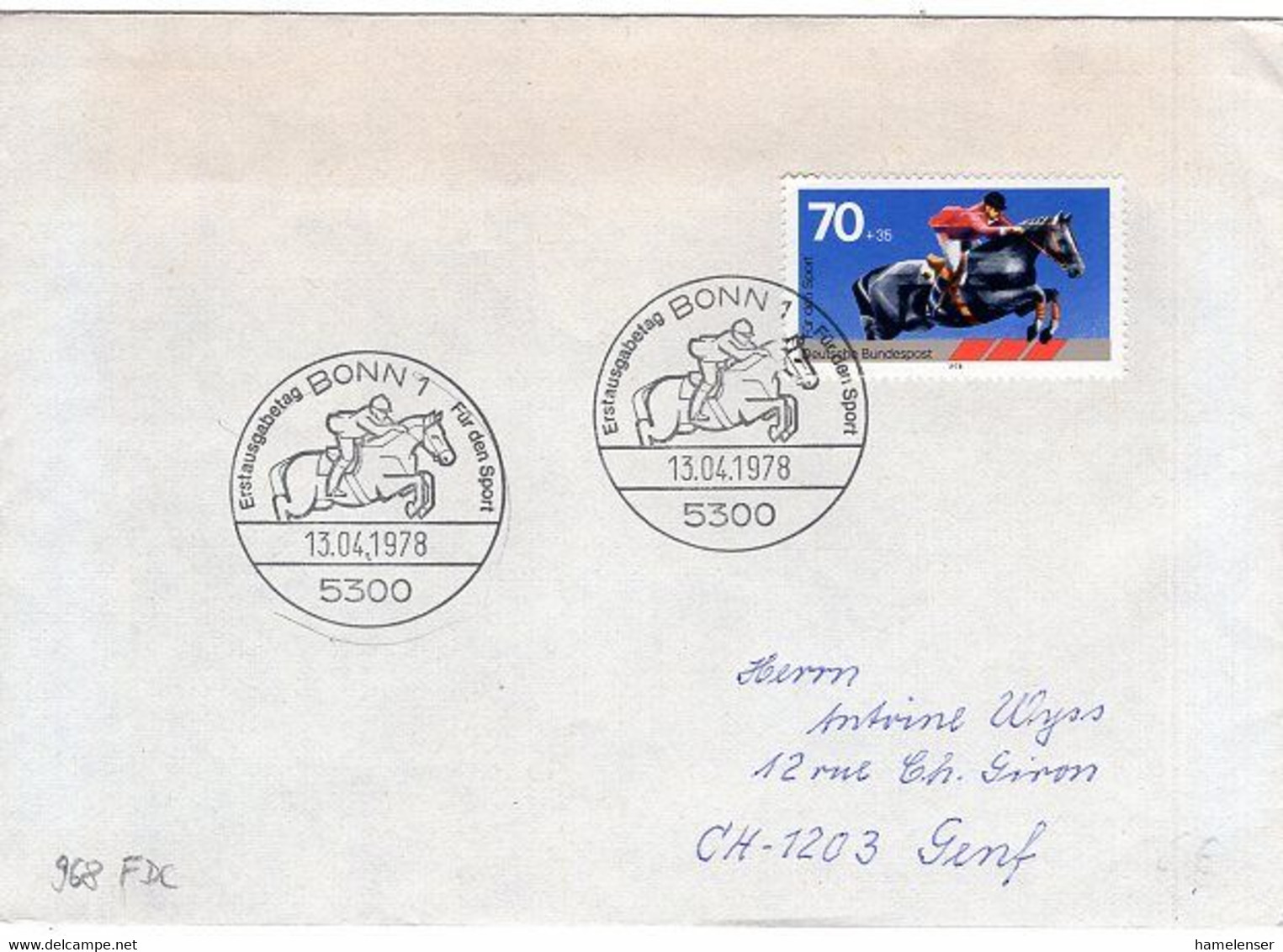 51328 - Bund - 1978 - 70Pfg Sport EF A FDC BONN -> Schweiz - Hippisme