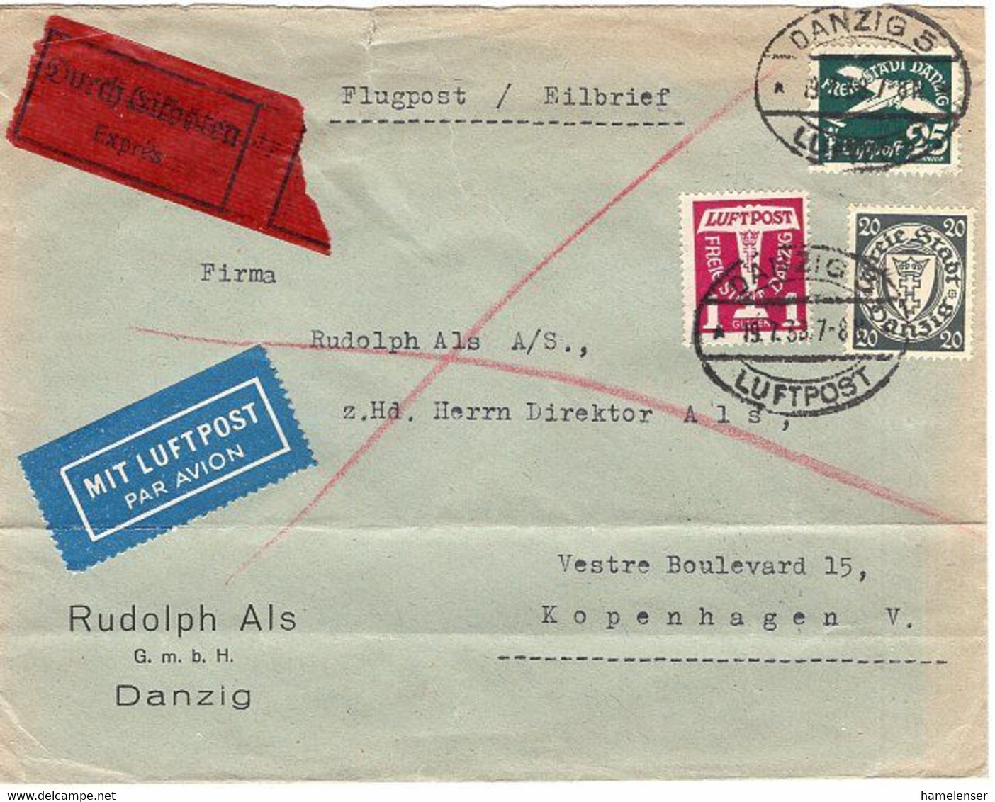 51334 - Danzig - 1938 - 1Gld Luftpost MiF A LpEilBf DANZIG -> KOEBNHAVN (Daenemark), U. Le. Querbug (Marken OK) - Covers & Documents