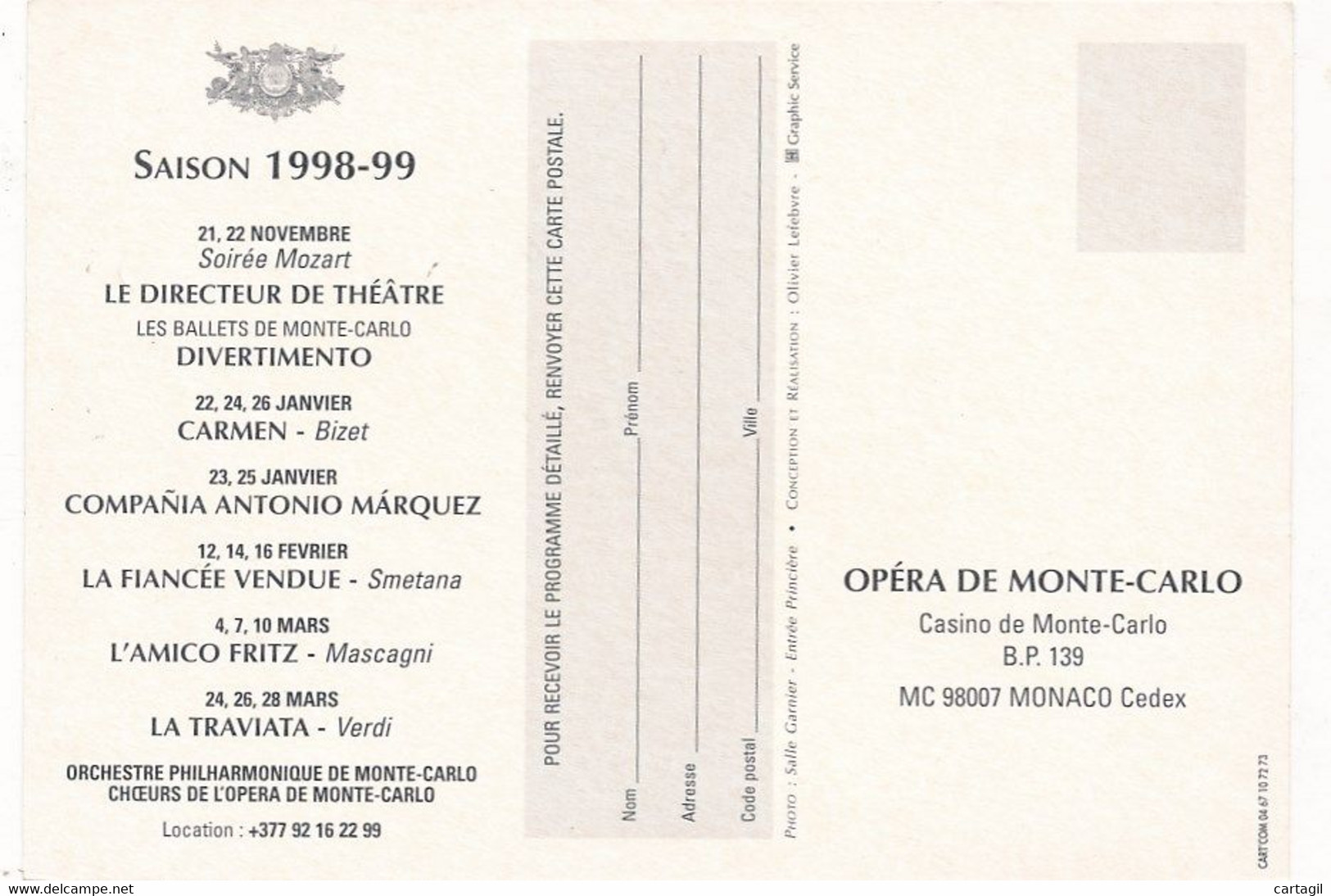 CPM GF13392 -Monaco -Monte Carlo-- Carte Programme De L'Opéra -Saison 1998-1999 -Envoi Gratuit - Opernhaus & Theater