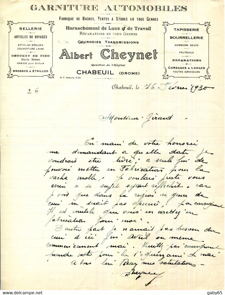 FACTURE.26.DROME.CHABEUIL.GARNITURE AUTOMOBILES.SELLERIE.BOURRELLERIE.ALBERT CHEYNET QUARTIER DE L'HOPITAL. - Cars