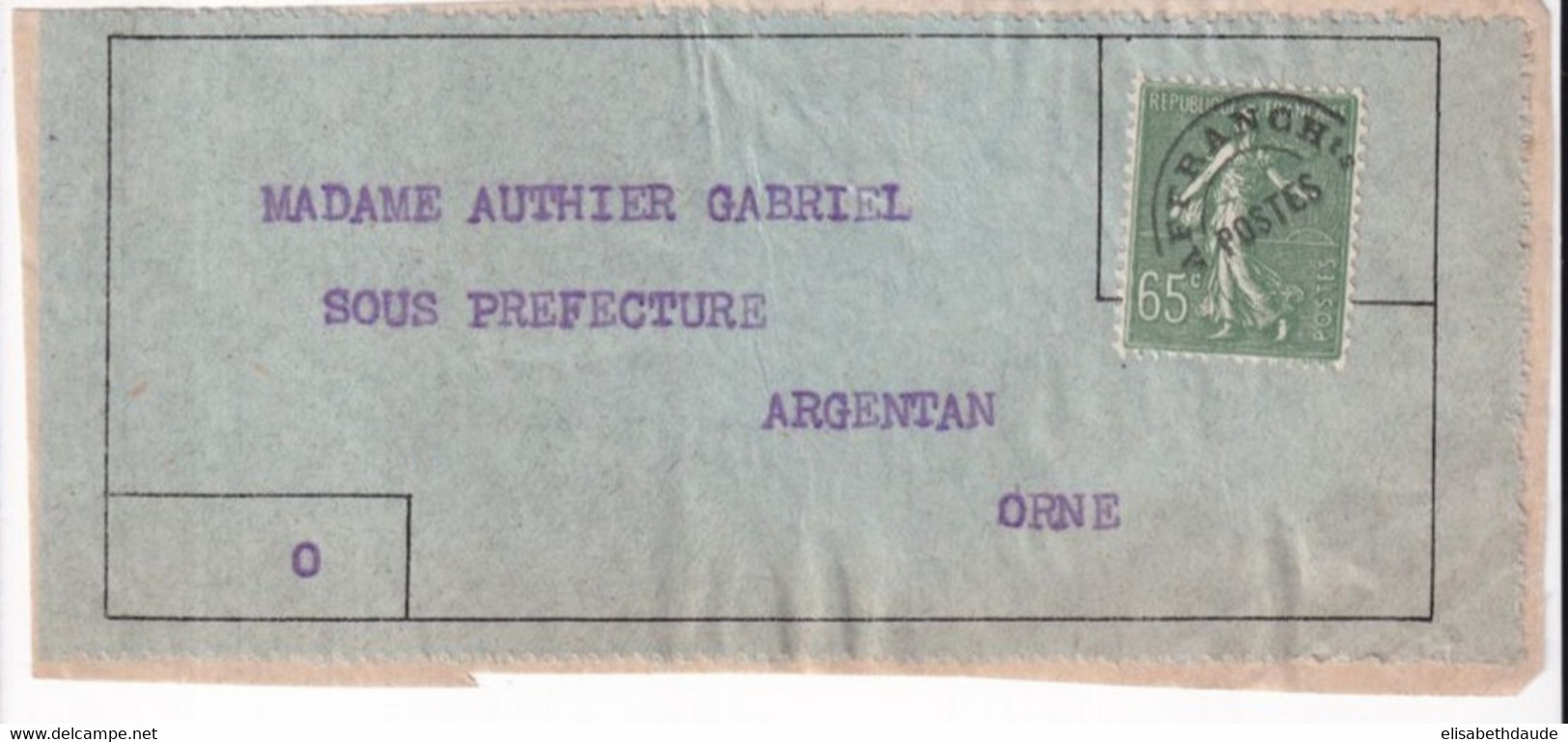 1927/1933 - SEMEUSE PREOBLITERE 65c ! Sur ETIQUETTE => ARGENTAN (ORNE) - 1903-60 Sower - Ligned