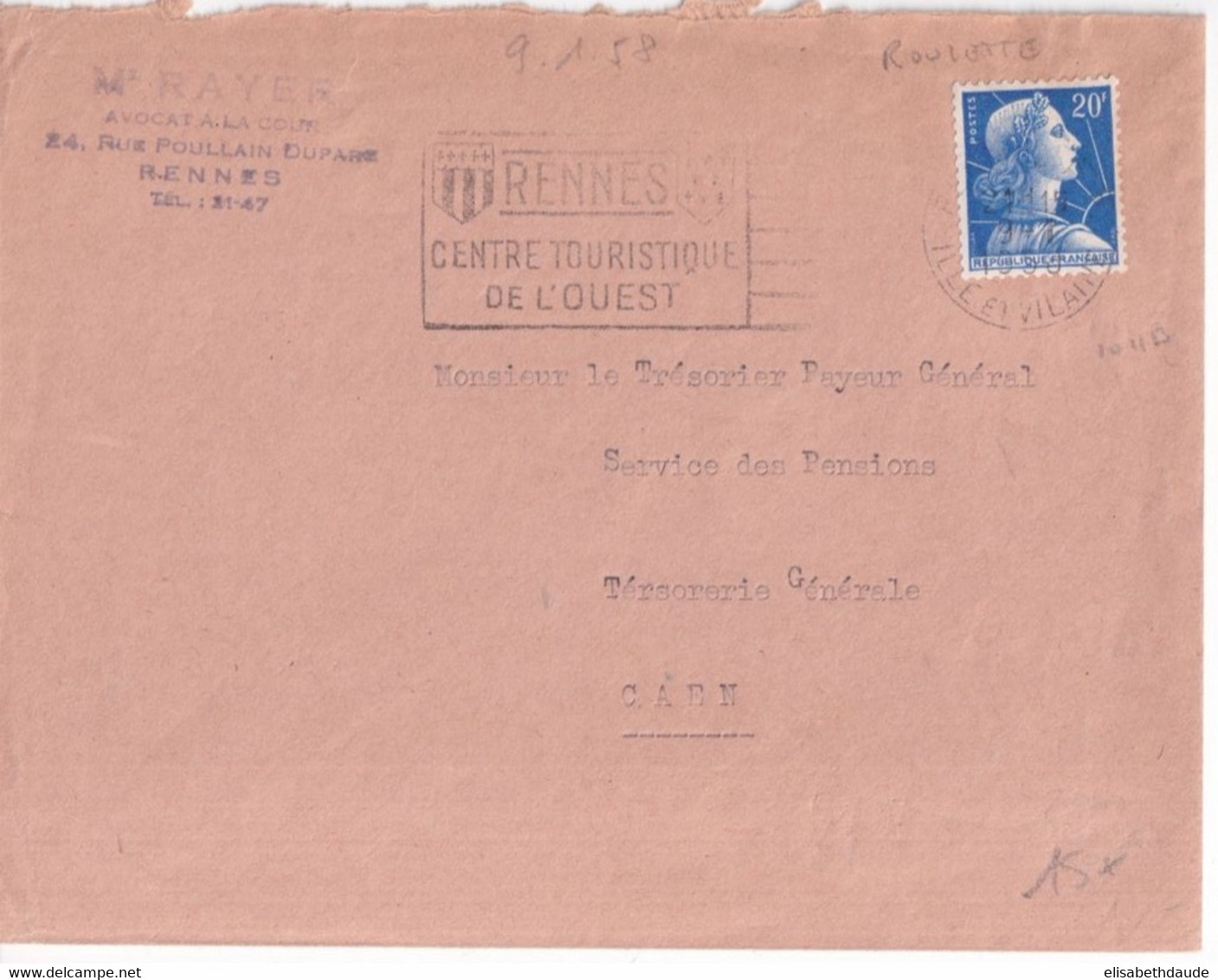 1958 - ROULETTE MULLER !! - ENVELOPPE De RENNES (ILLE ET VILAINE) => CAEN - 1955-1961 Marianne De Muller