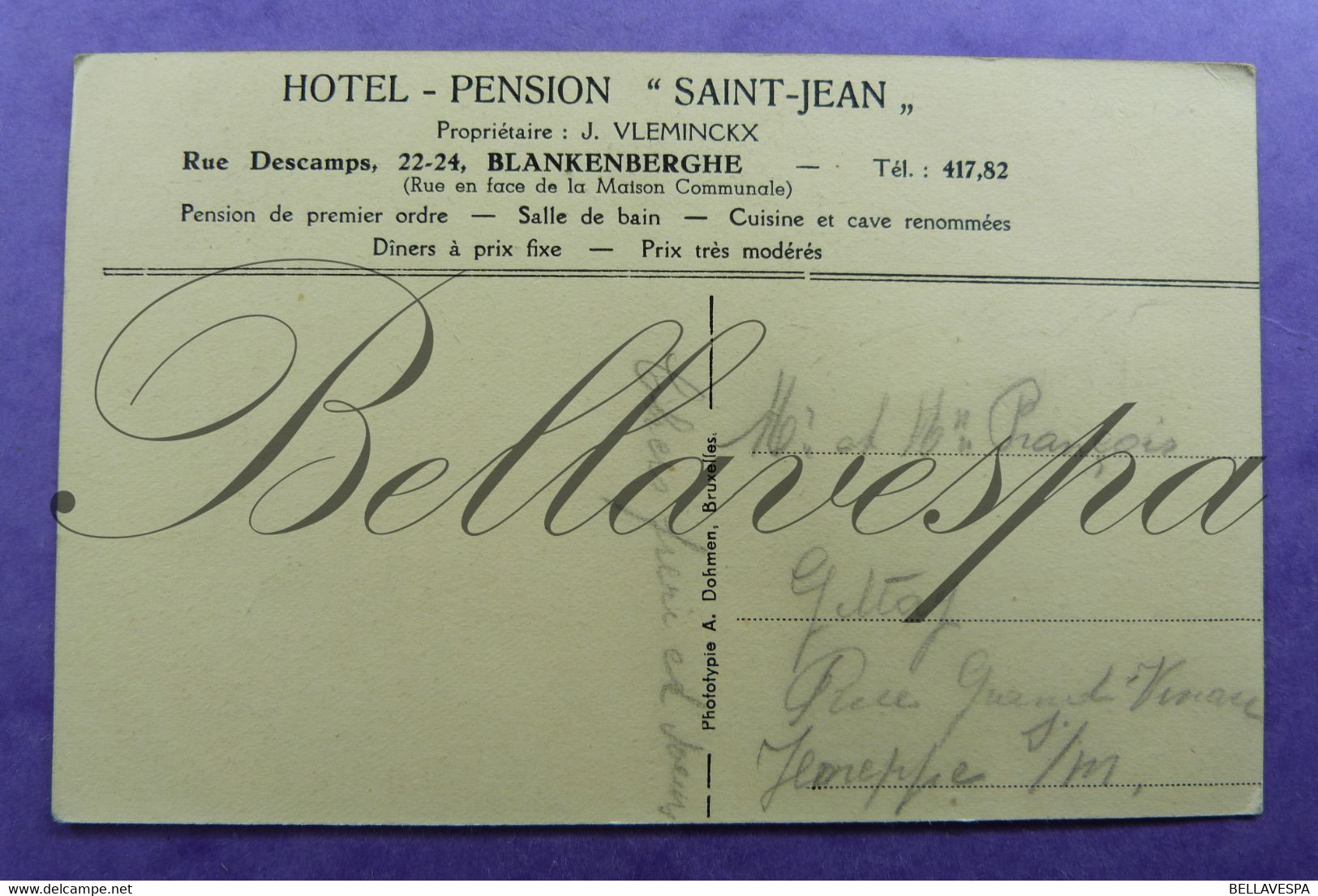 Blankenberge Hotel Pension Saint -Jean Propr. J.Vleminckx Rue Descamps 22-24. - Kruibeke