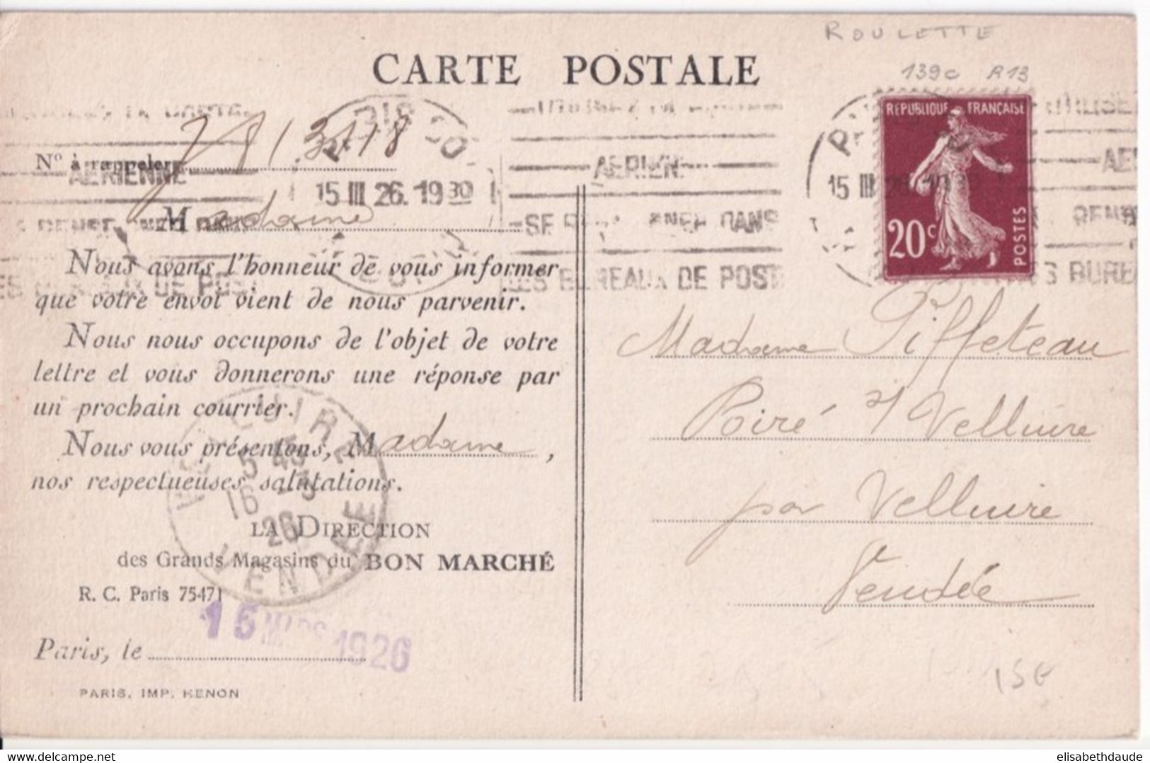 1926 - ROULETTE SEMEUSE !! - ENVELOPPE De RENNES (ILLE ET VILAINE) => CAEN - 1906-38 Semeuse Camée