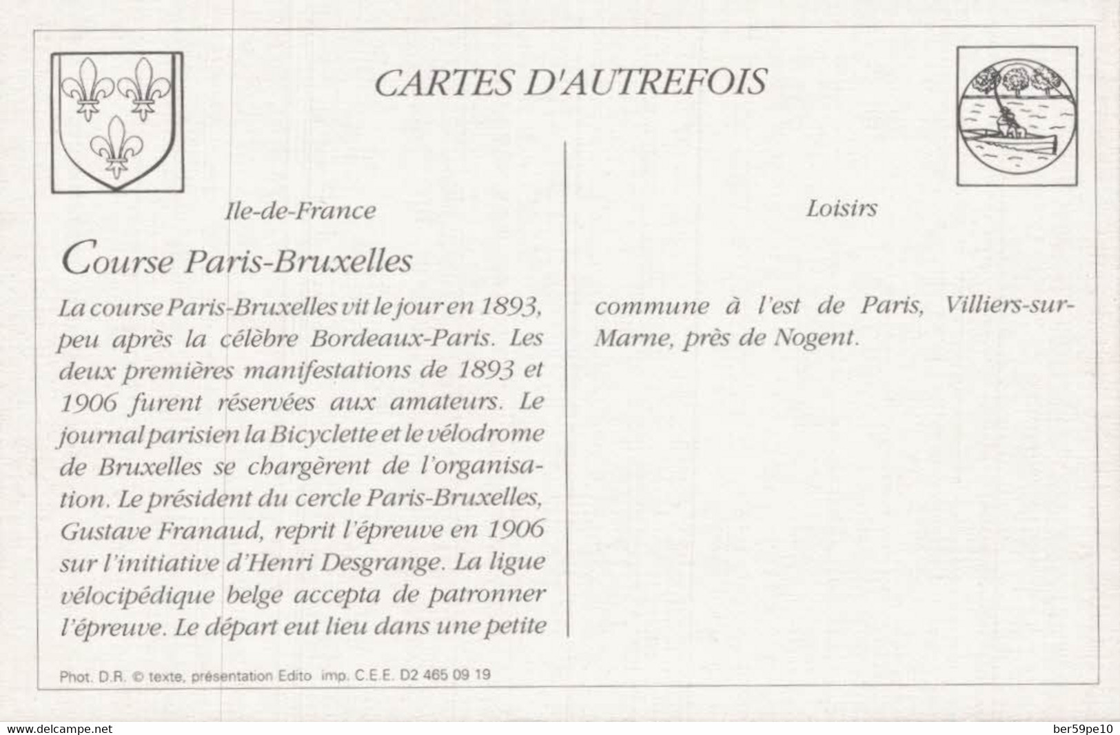 CARTE D'AUTREFOIS  LOISIRS ILE-DE-FRANCE COURSE PARIS- BRUXELLES - Ile-de-France