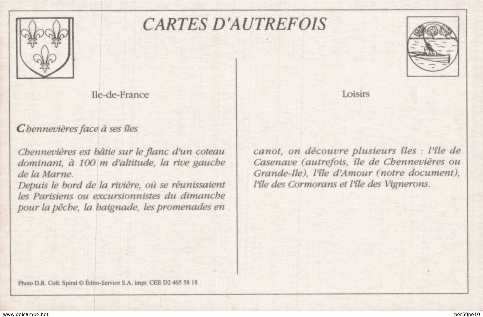 CARTE D'AUTREFOIS  LOISIRS ILE-DE-FRANCE CHENNEVIERES FACE A SES ILES - Ile-de-France