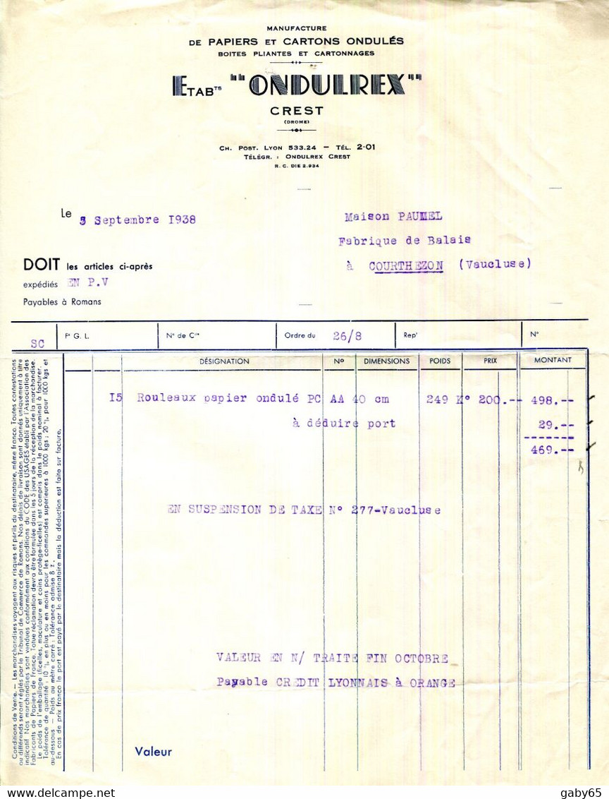 FACTURE.26.DROME.CREST.MANUFACTURE DE PAPIERS & CARTONS ONDULES.ETBS." ONDULREX " - Imprimerie & Papeterie