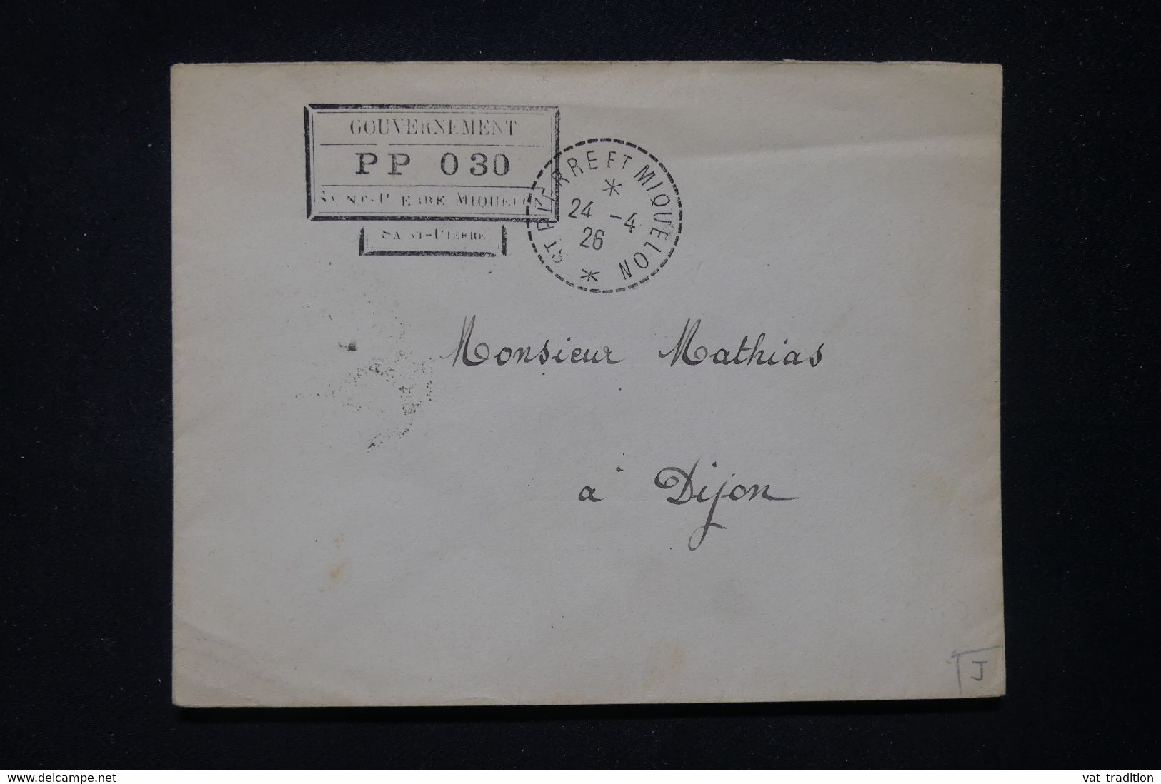 ST PIERRE & MIQUELON - Cachet PP 0.30 Sur Enveloppe De St Pierre Pour Dijon En 1926 Avec Cad D'arrivée Au Dos - L 117540 - Covers & Documents