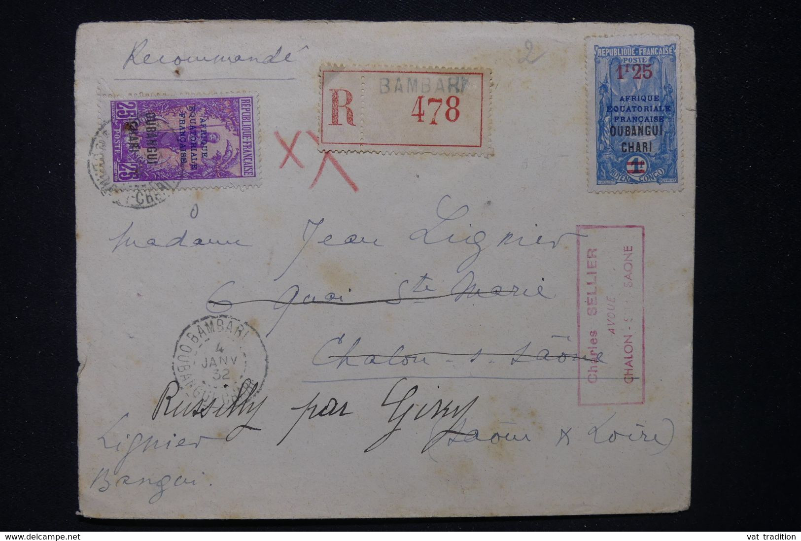 OUBANGUI CHARI - Enveloppe En Recommandé De Bambari Pour La France En 1932, Affranchissement Surchargés - L 117546 - Brieven En Documenten