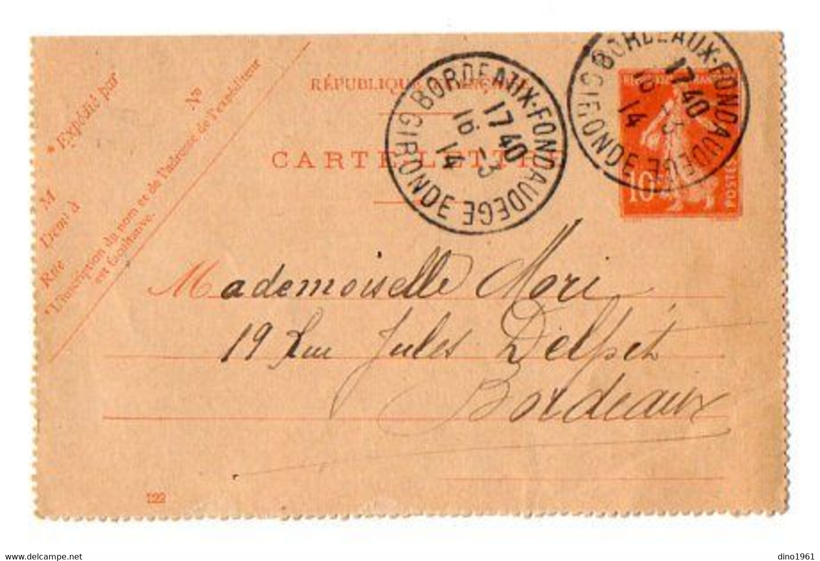 TB 3102 - 1913 - Entier Postal - Carte - Lettre De BORDEAUX Pour Melle MORI à BORDEAUX - Kaartbrieven