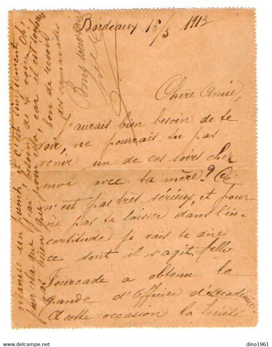 TB 3102 - 1913 - Entier Postal - Carte - Lettre De BORDEAUX Pour Melle MORI à BORDEAUX - Kaartbrieven