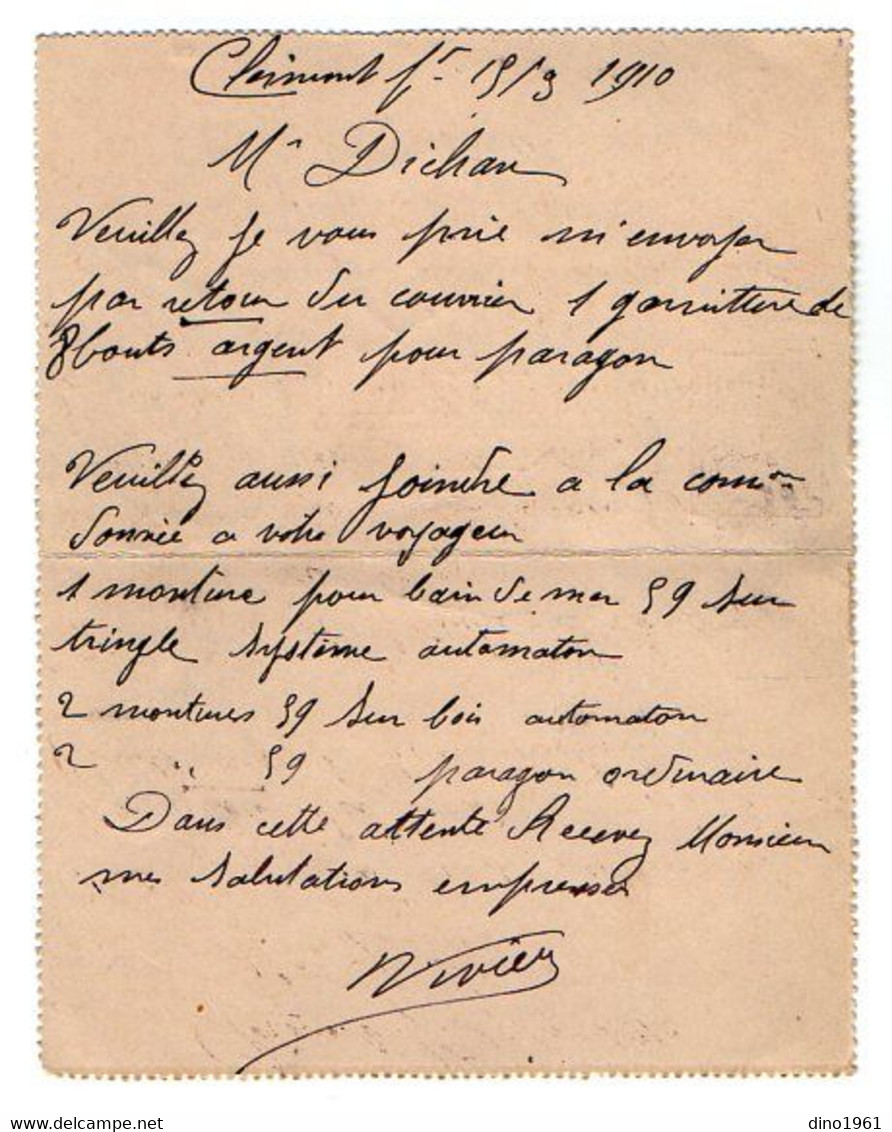 TB 3103 - 1910 - Entier Postal - Carte - Lettre De Mme VIVIER Parapluies & Ombrelles à CLERMONT - FERRAND Pour LYON - Letter Cards