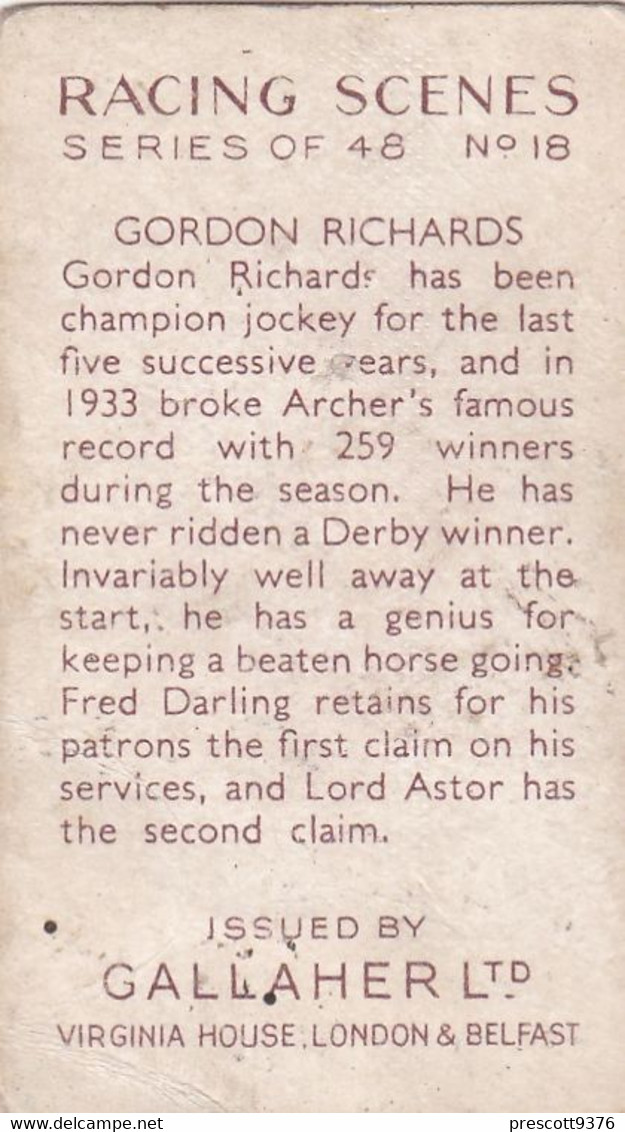 Racing Scenes 1938 - 18 Gordon Richards - Gallaher Cigarette Card - Original - Horses - Gallaher