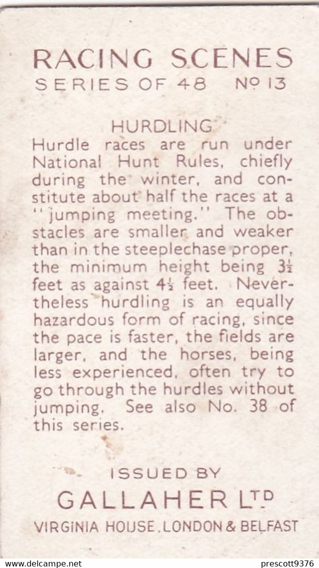 Racing Scenes 1938 - 13 Hurdling - Gallaher Cigarette Card - Original - Horses - Gallaher