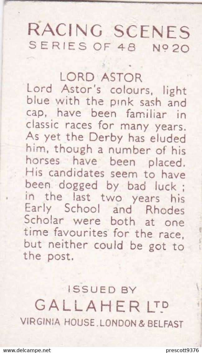 Racing Scenes 1938 - 20 Lord Astor  - Gallaher Cigarette Card - Original - Horses - Gallaher