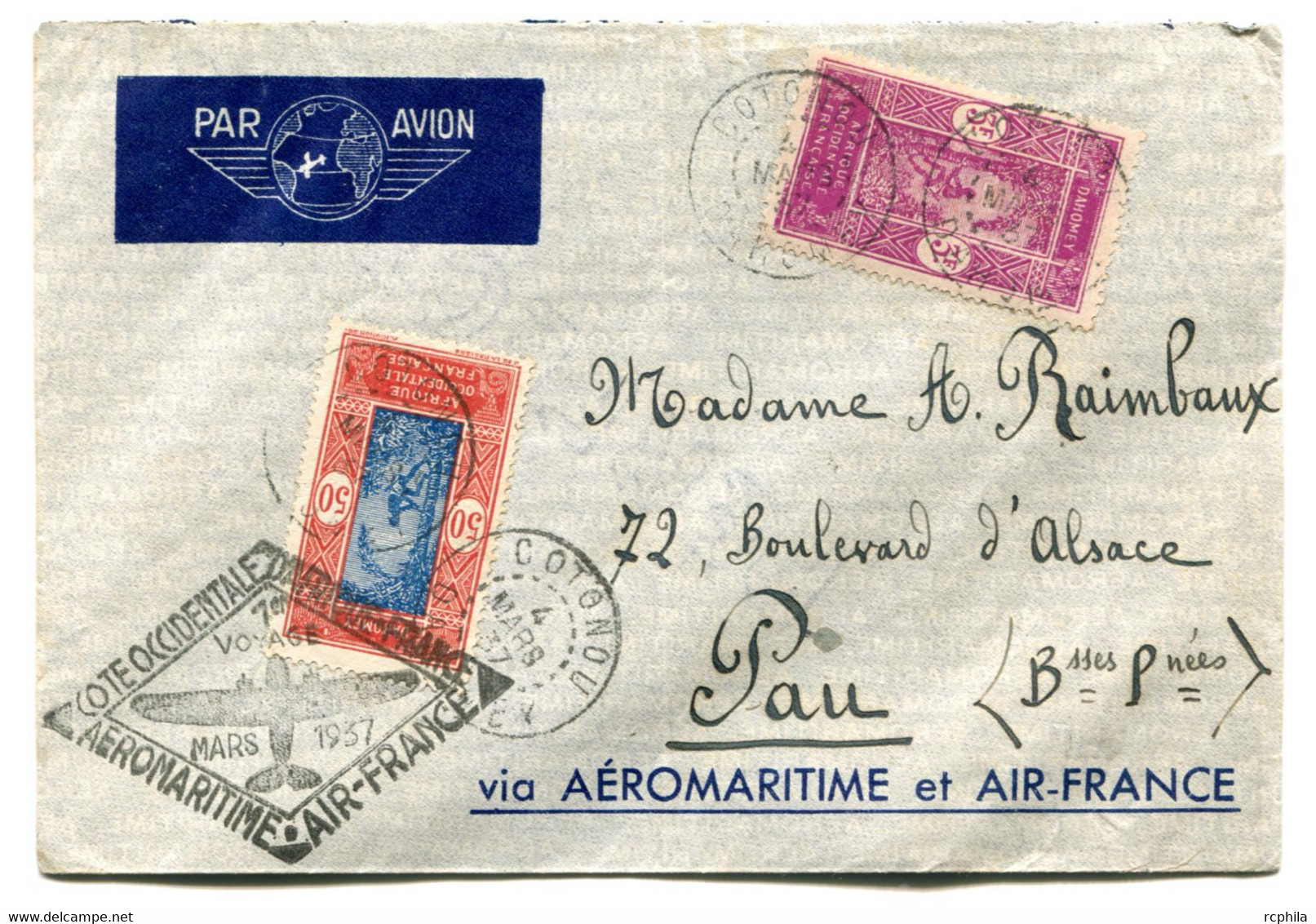 RC 22387 DAHOMEY 1937 AEROMARITIME 1er VOYAGE COTE OCCIDENTALE D'AFRIQUE AIR FRANCE LETTRE DE COTONOU A PAU - Covers & Documents