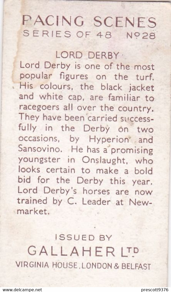 Racing Scenes 1938 - 28 Lord Derby - Gallaher Cigarette Card - Original - Horses - Gallaher