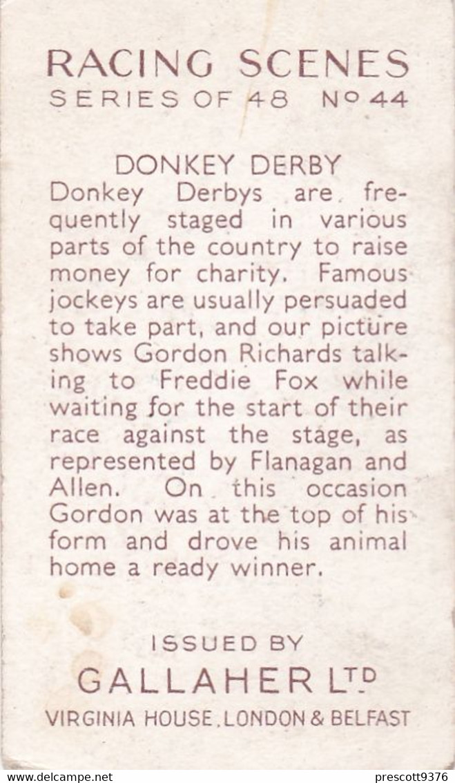 Racing Scenes 1938 - 44 Donkey Derby - Gallaher Cigarette Card - Original - Horses - Gallaher