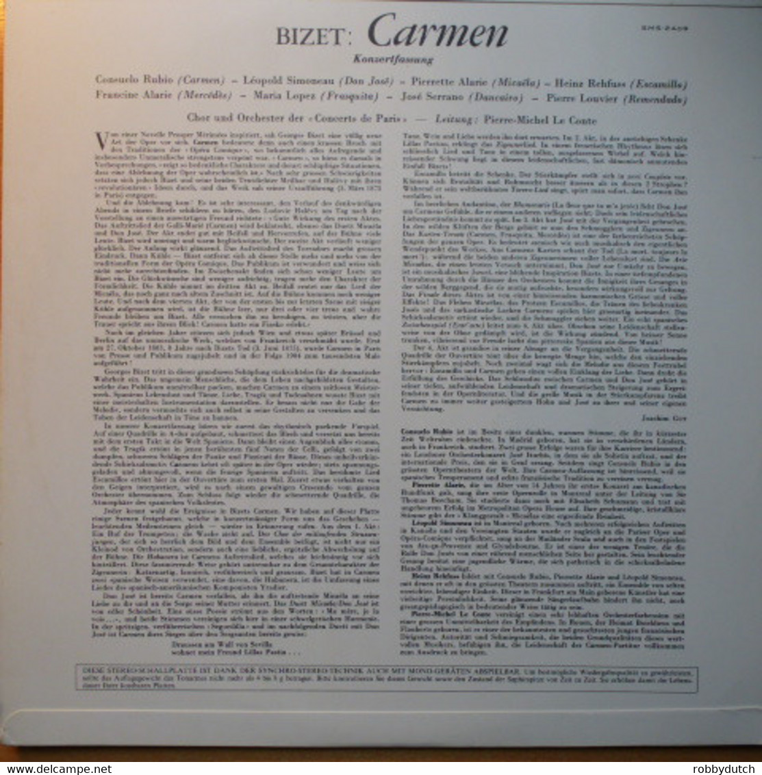 * LP *  Bizet: CARMEN - CHOR UND ORCHESTER DER CONCERTS DE PARIS / PIERRE-MICHEL LE CONTE - Opéra & Opérette