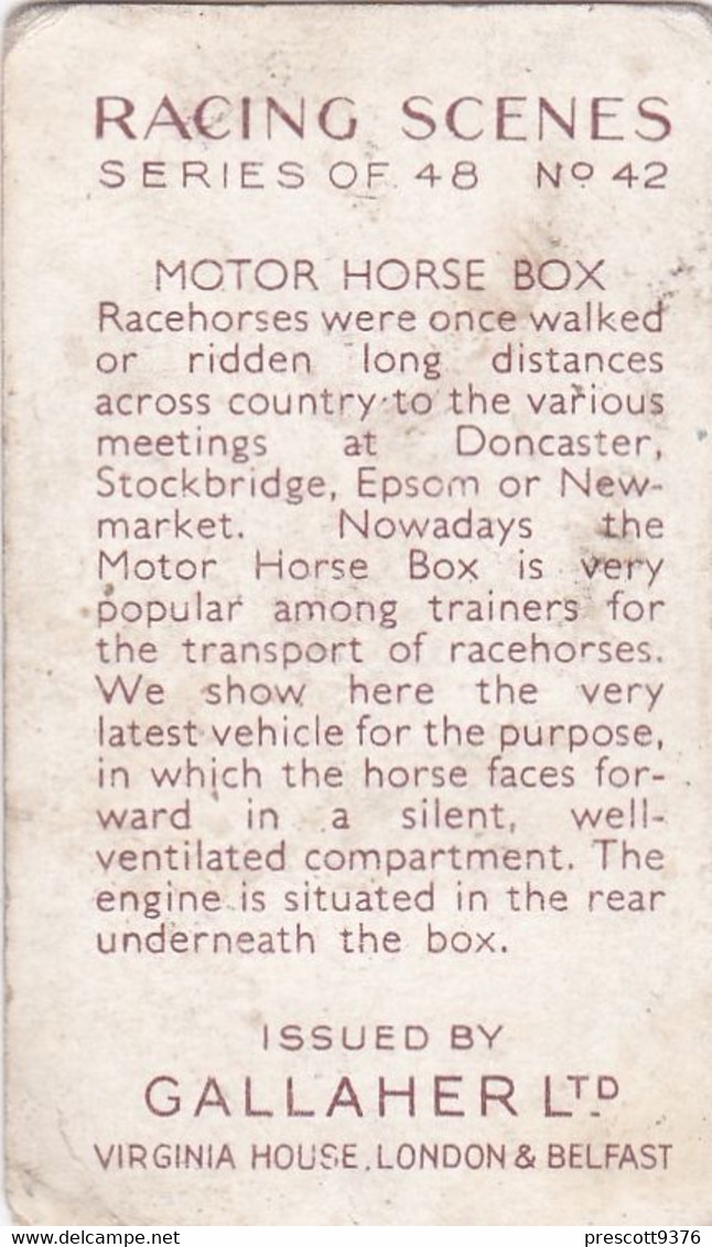 Racing Scenes 1938 - 42 Motor Horse Box - Gallaher Cigarette Card - Original - Horses - Gallaher