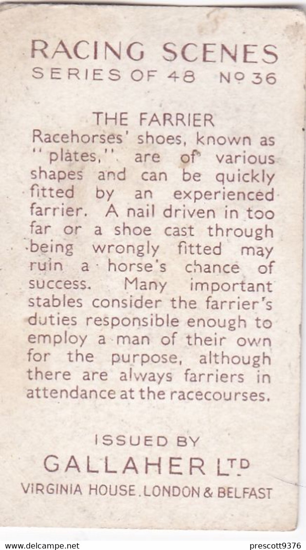 Racing Scenes 1938 - 36 The Farrier - Gallaher Cigarette Card - Original - Horses - Gallaher