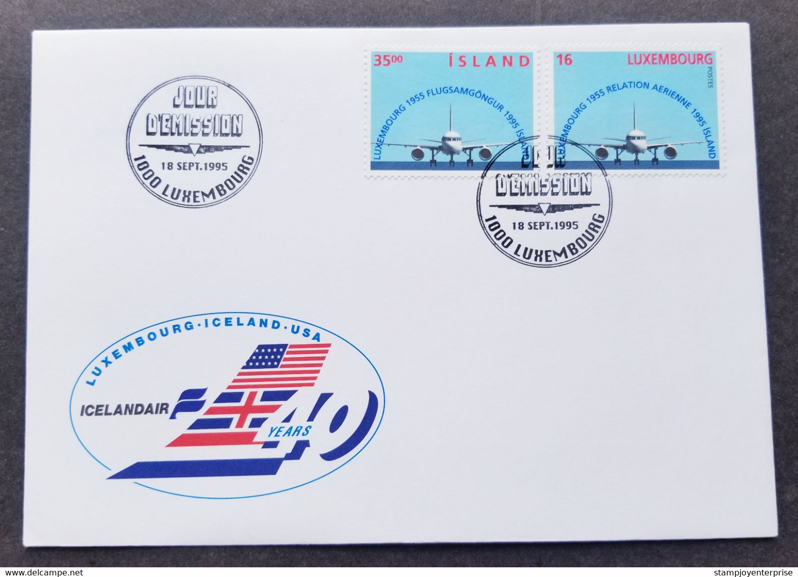 Luxembourg Iceland Joint Issue Airline Route 1995 Airplane Aviation (joint FDC) - Covers & Documents