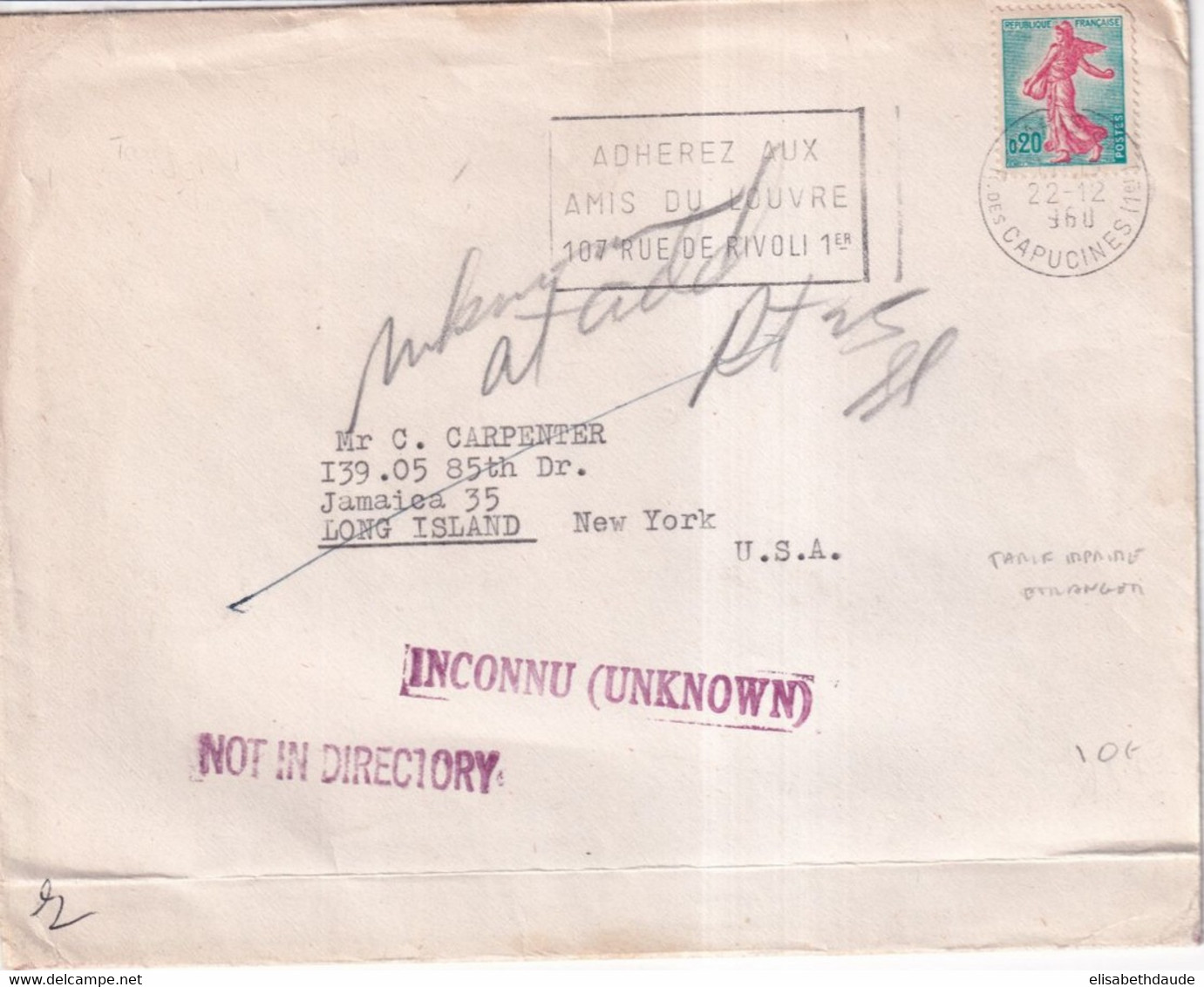 1960 - SEMEUSE 20c YVERT 1233 SEUL Sur ENVELOPPE IMPRIMES De PARIS => LONG ISLAND (USA) "INCONNU" - 1903-60 Säerin, Untergrund Schraffiert